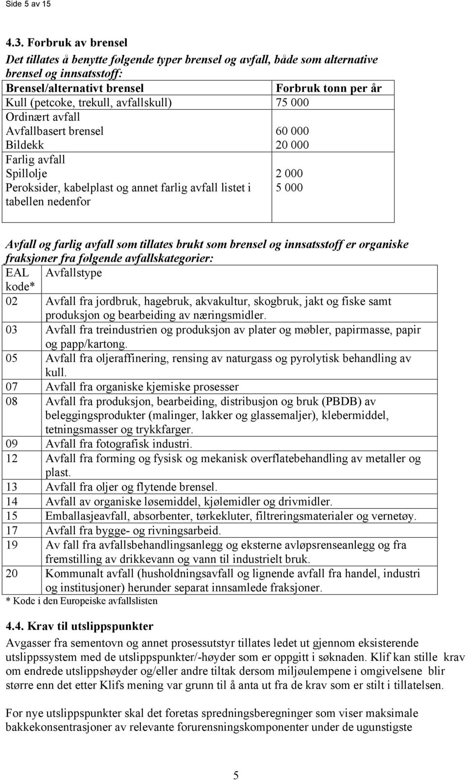 avfallskull) 75 000 Ordinært avfall Avfallbasert brensel 60 000 Bildekk 20 000 Farlig avfall Spillolje Peroksider, kabelplast og annet farlig avfall listet i tabellen nedenfor 2 000 5 000 Avfall og