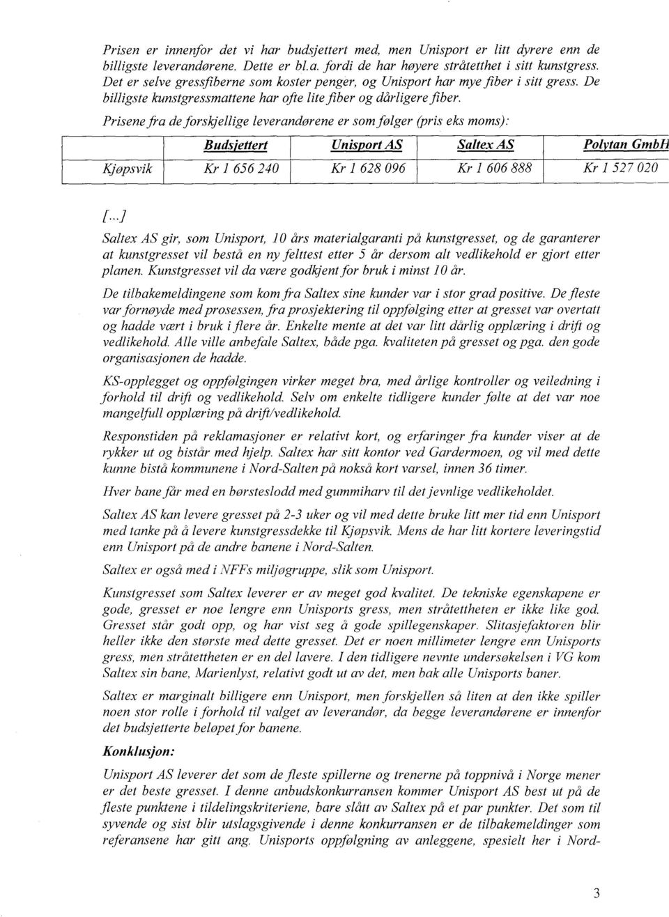 Prisene fra de forskjellige leverandorene er som følger eks moms): Buds'ettert Unisport AS Saltex AS Polytan Gmbh Kjopsvik Kr I 656 240 Kr 1 628 096 Kr 1 606 888 Kr 1 527 020 [.
