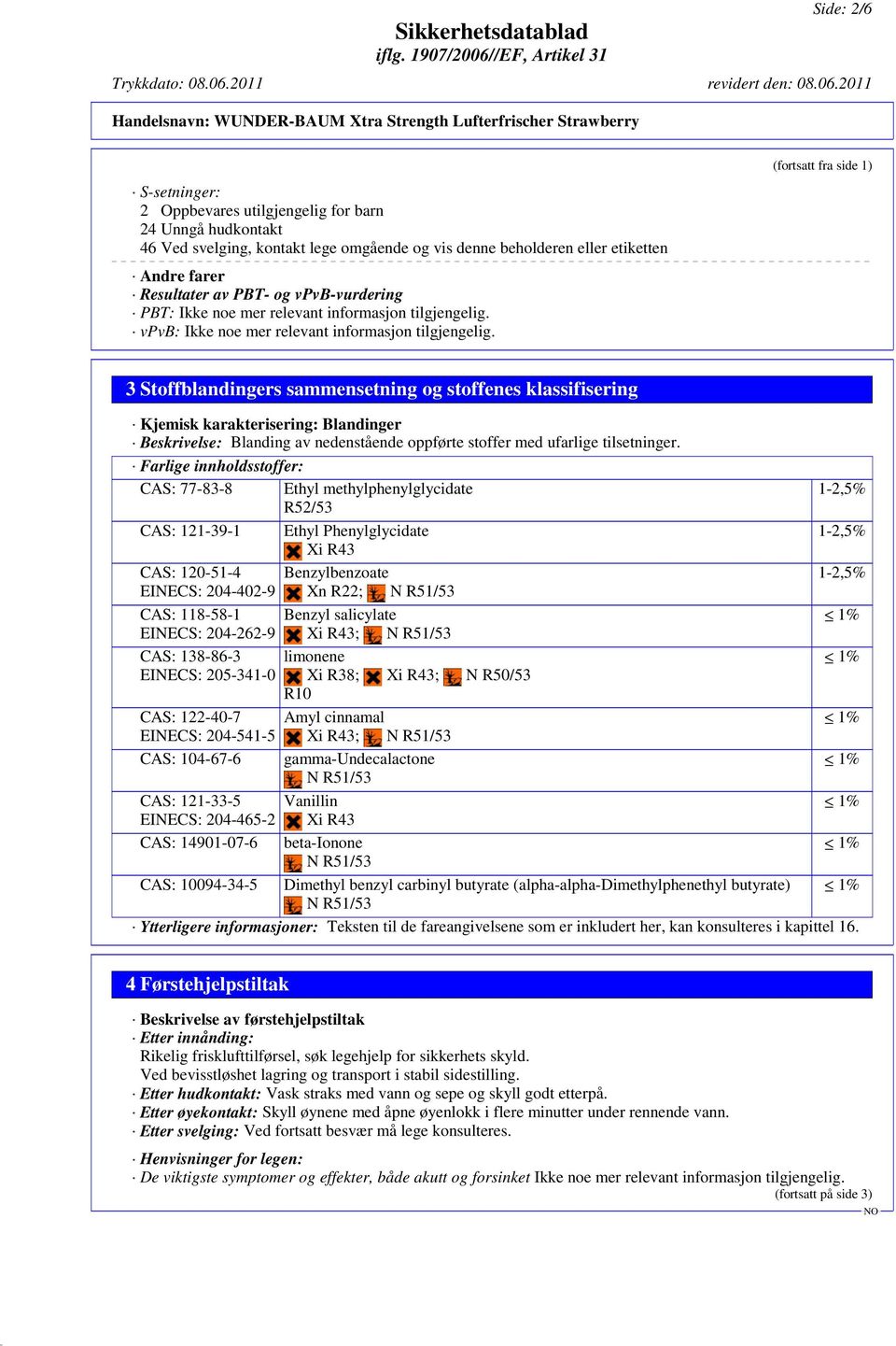 (fortsatt fra side 1) 3 Stoffblandingers sammensetning og stoffenes klassifisering Kjemisk karakterisering: Blandinger Beskrivelse: Blanding av nedenstående oppførte stoffer med ufarlige tilsetninger.