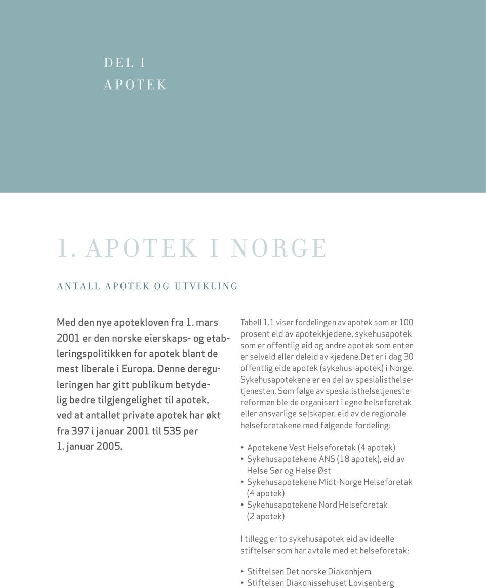 Denne dereguleringen har gitt publikum betydelig bedre tilgjengelighet til apotek, ved at antallet private apotek har økt fra 397 i januar 2001 til 535 per 1. januar 2005. Tabell 1.