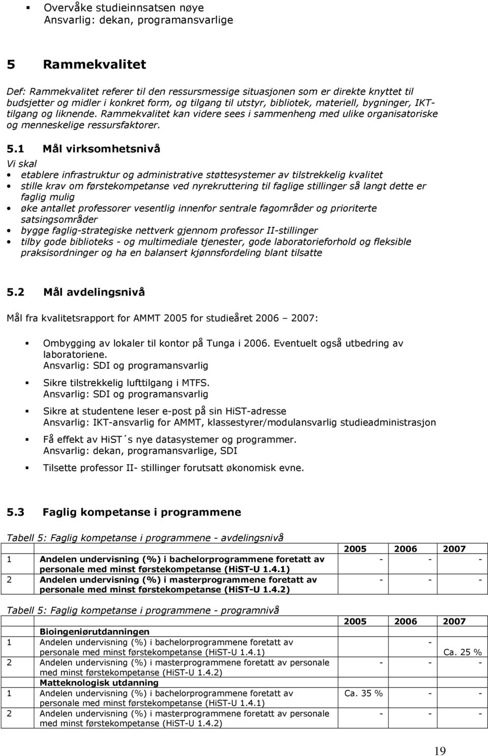 1 Mål virksomhetsnivå Vi skal etablere infrastruktur og administrative støttesystemer av tilstrekkelig kvalitet stille krav om førstekompetanse ved nyrekruttering til faglige stillinger så langt