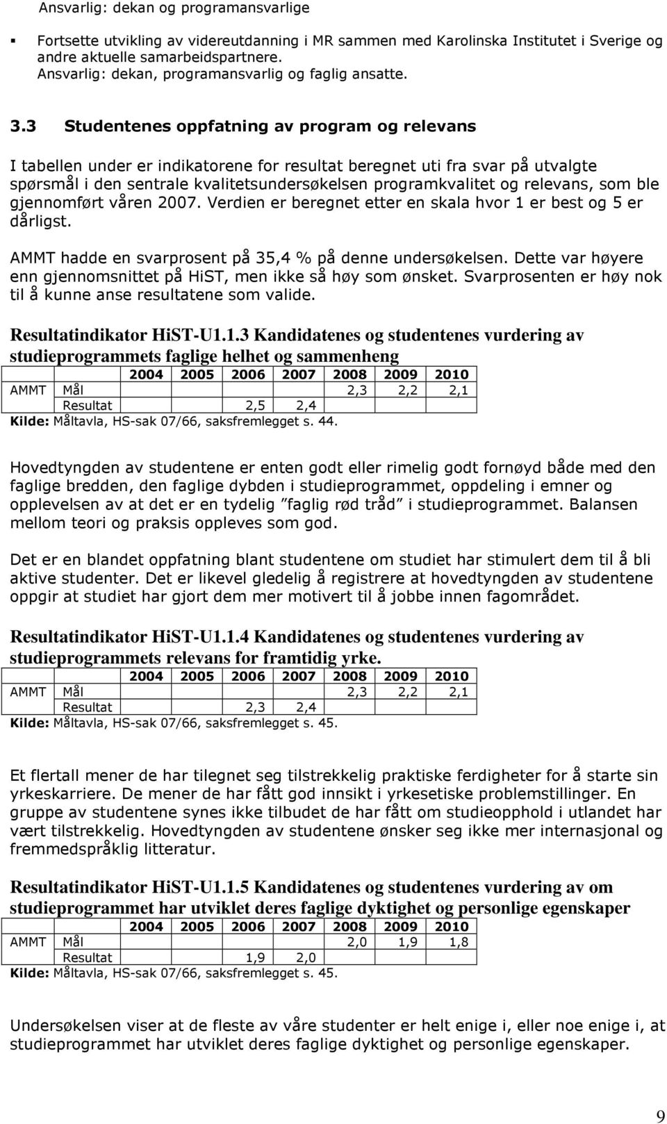 3 Studentenes oppfatning av program og relevans I tabellen under er indikatorene for resultat beregnet uti fra svar på utvalgte spørsmål i den sentrale kvalitetsundersøkelsen programkvalitet og