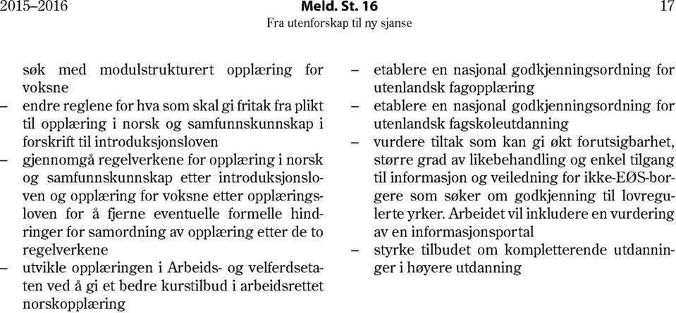 regelverkene for opplæring i norsk og samfunnskunnskap etter introduksjonsloven og opplæring for voksne etter opplæringsloven for å fjerne eventuelle formelle hindringer for samordning av opplæring