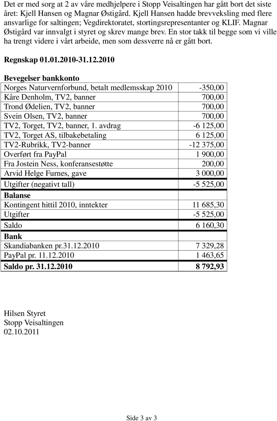 En stor takk til begge som vi ville ha trengt videre i vårt arbeide, men som dessverre nå er gått bort. Regnskap 01.01.2010-31.12.