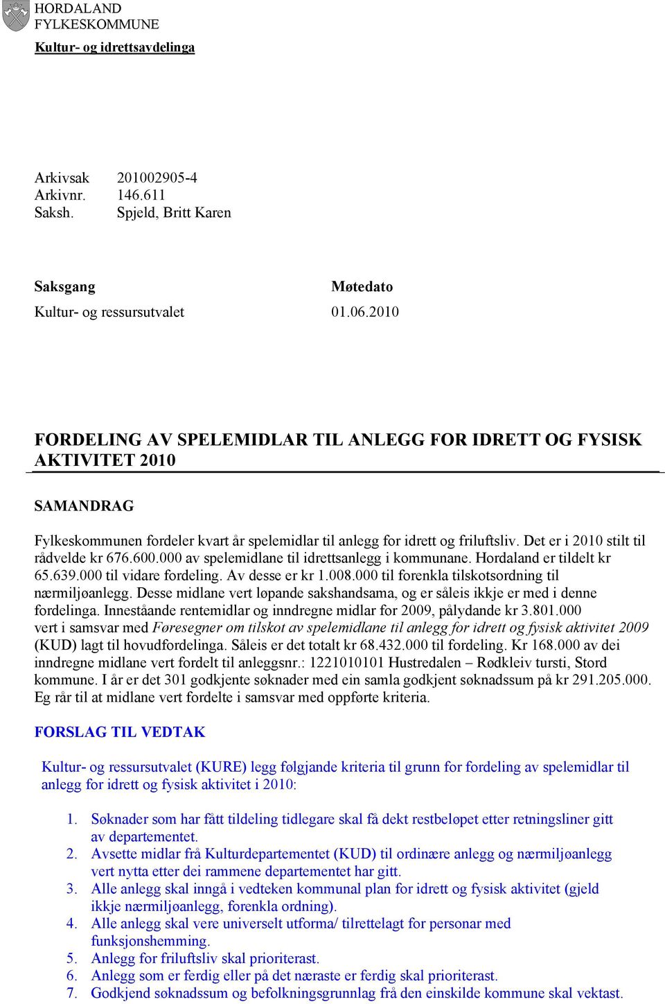 Det er i 2010 stilt til rådvelde kr 676.600.000 av spelemidlane til idrettsanlegg i kommunane. Hordaland er tildelt kr 65.639.000 til vidare fordeling. Av desse er kr 1.008.