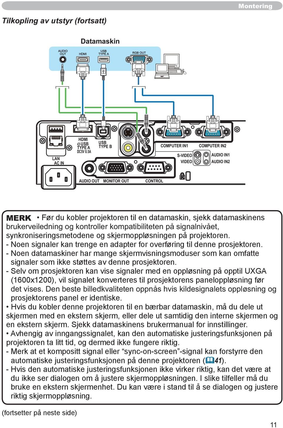 kontroller kompatibiliteten på signalnivået, synkroniseringsmetodene og skjermoppløsningen på projektoren. - Noen signaler kan trenge en adapter for overføring til denne prosjektoren.