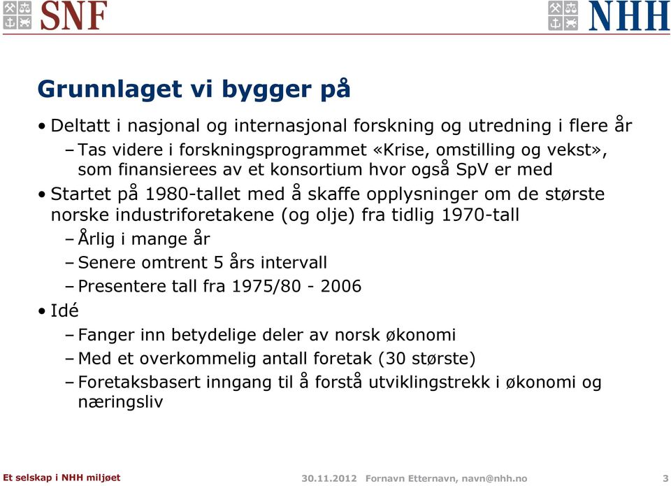 tidlig 1970-tall Idé Årlig i mange år Senere omtrent 5 års intervall Presentere tall fra 1975/80-2006 Fanger inn betydelige deler av norsk økonomi Med et