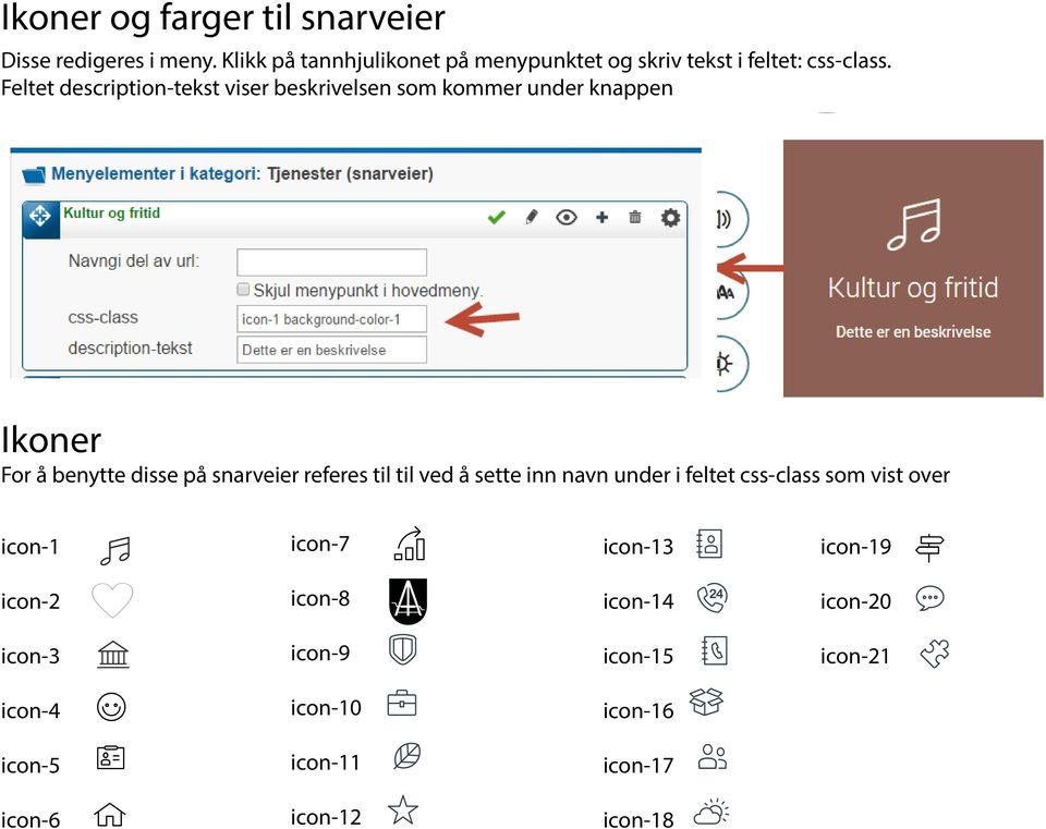 Feltet description-tekst viser beskrivelsen som kommer under knappen Ikoner For å benytte disse på snarveier referes