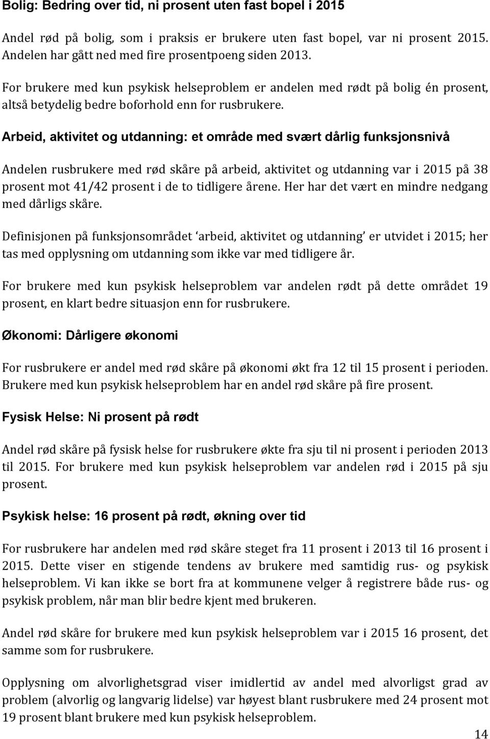 Arbeid, aktivitet og utdanning: et område med svært dårlig funksjonsnivå Andelen rusbrukere med rød skåre på arbeid, aktivitet og utdanning var i 2015 på 38 prosent mot 41/42 prosent i de to