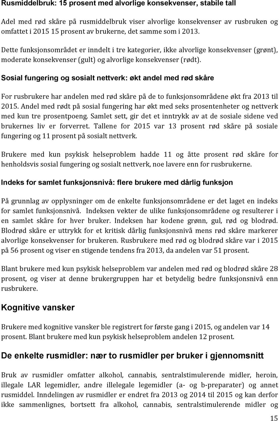 Sosial fungering og sosialt nettverk: økt andel med rød skåre For rusbrukere har andelen med rød skåre på de to funksjonsområdene økt fra 2013 til 2015.