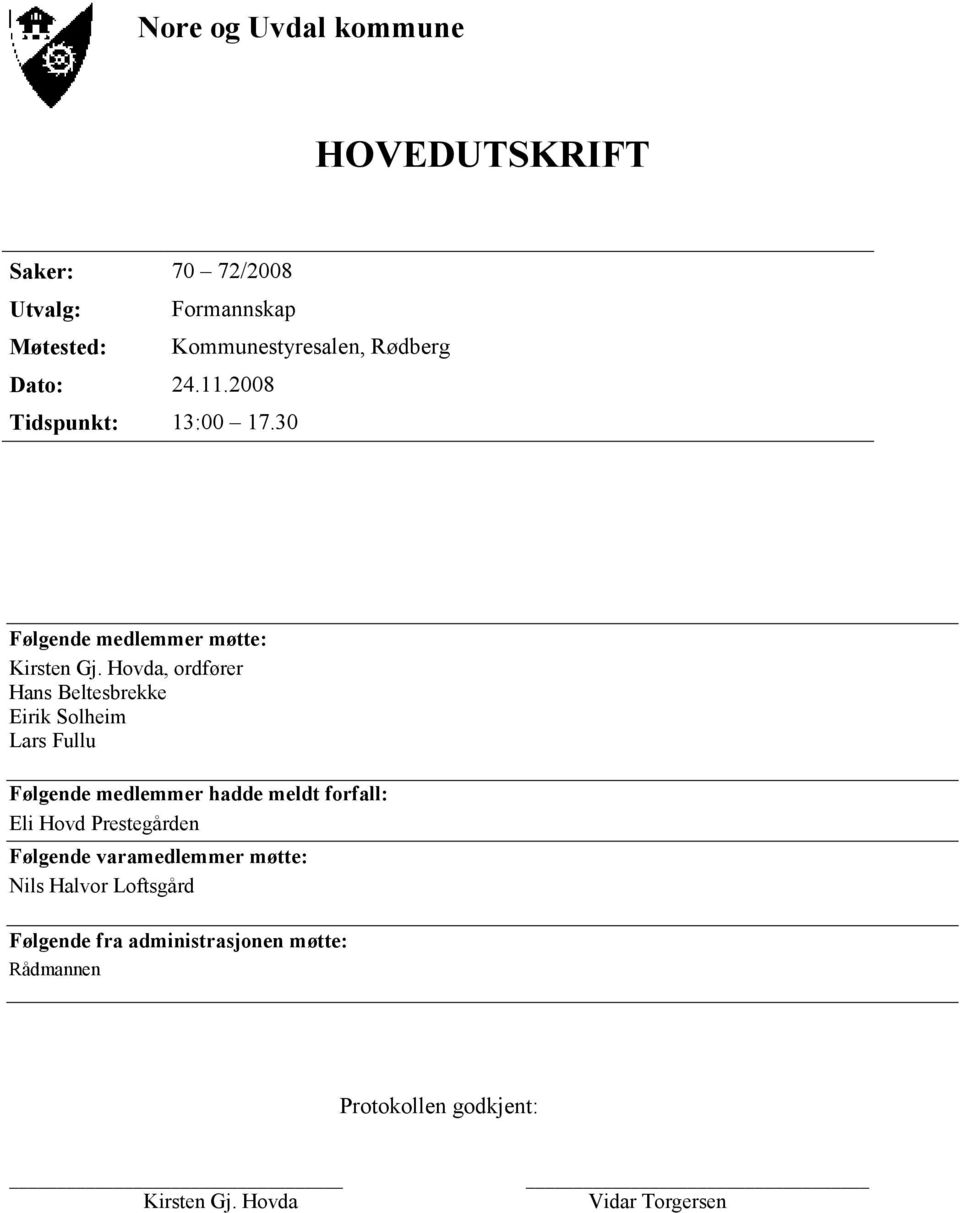 Hovda, ordfører Hans Beltesbrekke Eirik Solheim Lars Fullu Følgende medlemmer hadde meldt forfall: Eli Hovd
