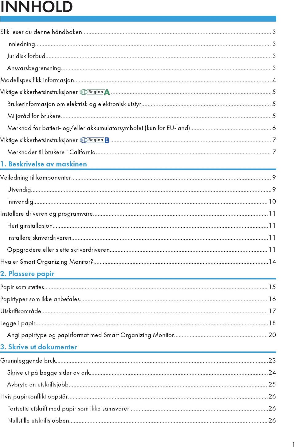 .. 7 Merknader til brukere i California... 7 1. Beskrivelse av maskinen Veiledning til komponenter... 9 Utvendig...9 Innvendig...10 Installere driveren og programvare...11 Hurtiginstallasjon.