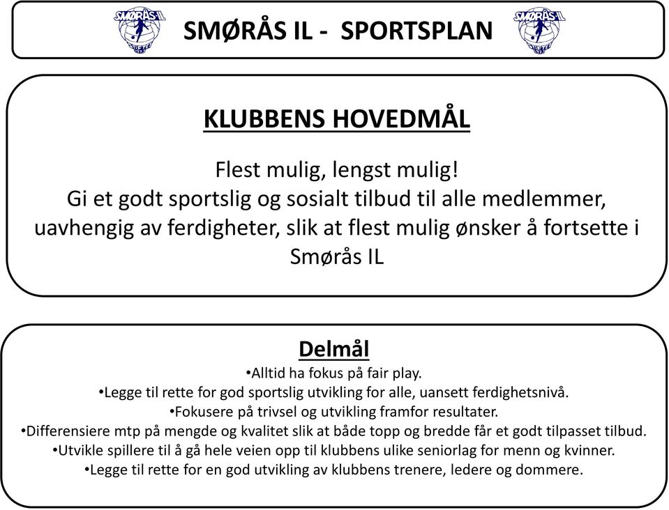 på fair play. Legge til rette for god sportslig utvikling for alle, uansett ferdighetsnivå. Fokusere på trivsel og utvikling framfor resultater.