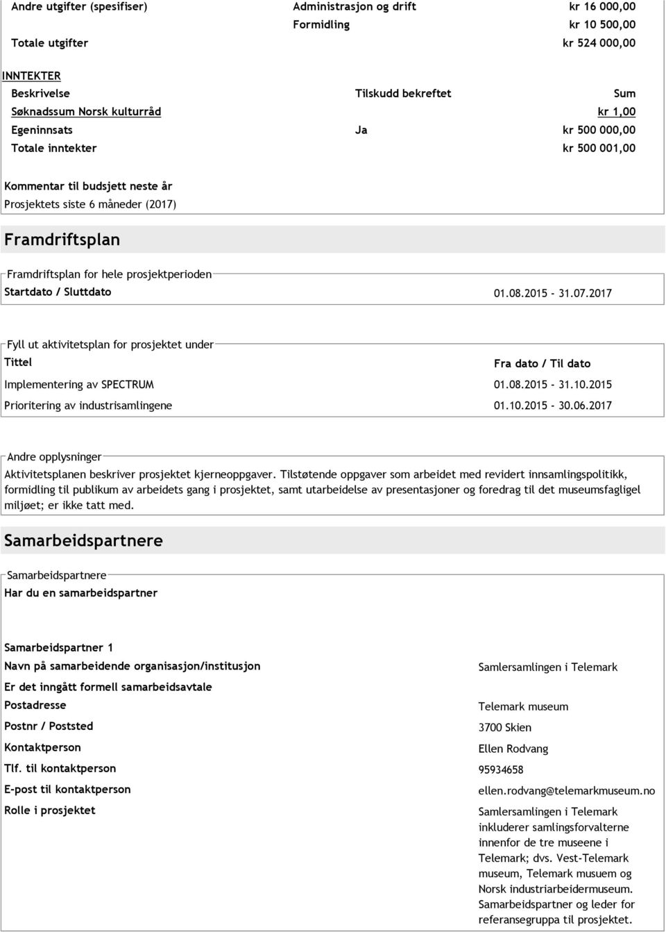 Sluttdato 01.08.2015 31.07.2017 Fyll ut aktivitetsplan for prosjektet under Tittel Fra dato / Til dato Implementering av SPECTRUM 01.08.2015 31.10.2015 Prioritering av industrisamlingene 01.10.2015 30.