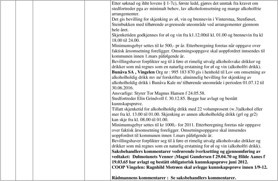 Skjenketiden godkjennes for øl og vin fra k1..00til kl. 01.00 og brennevin fra kl 18.00 til 24.00. Minimumsgebyr settes til kr 500,- pr år.