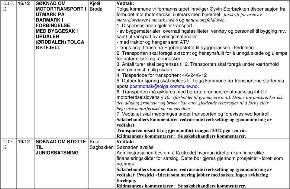 Dispensasjonen gjelder transport - av byggematerialer, overnattingsfasiliteter, verktøy og personell til bygging mv, samt uttransport av rivningsmaterialer - med traktor og henger samt ATV - langs