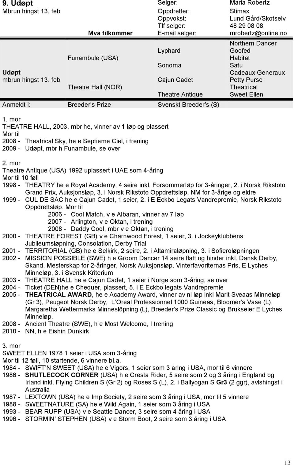 feb Cajun Cadet Petty Purse Theatre Hall (NOR) Theatrical Theatre Antique Sweet Ellen Breeder s Prize Svenskt Breeder s (S) THEATRE HALL, 2003, mbr he, vinner av 1 løp og plassert Mor til 2008 -