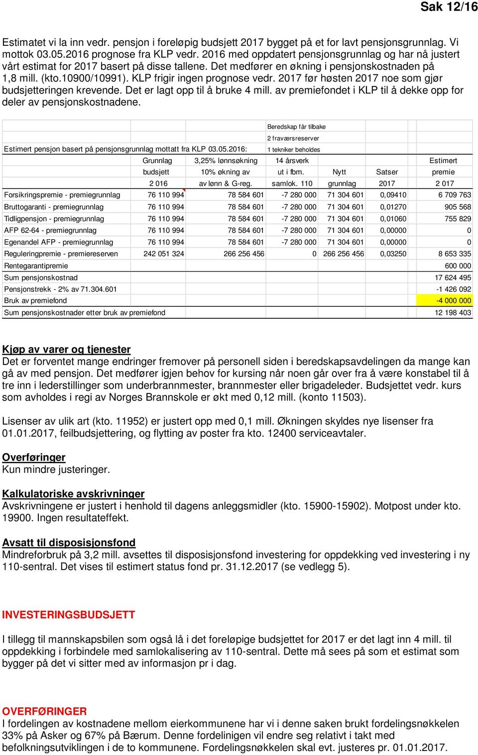 KLP frigir ingen prognose vedr. 2017 før høsten 2017 noe som gjør budsjetteringen krevende. Det er lagt opp til å bruke 4 mill. av premiefondet i KLP til å dekke opp for deler av pensjonskostnadene.