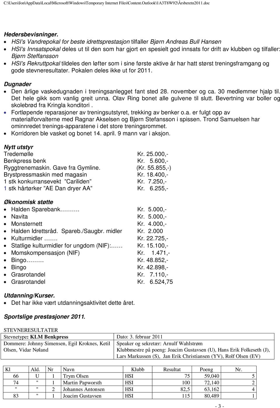 Steffansson HSI s Rekruttpokal tildeles den løfter som i sine første aktive år har hatt størst treningsframgang og gode stevneresultater. Pokalen deles ikke ut for 2011.