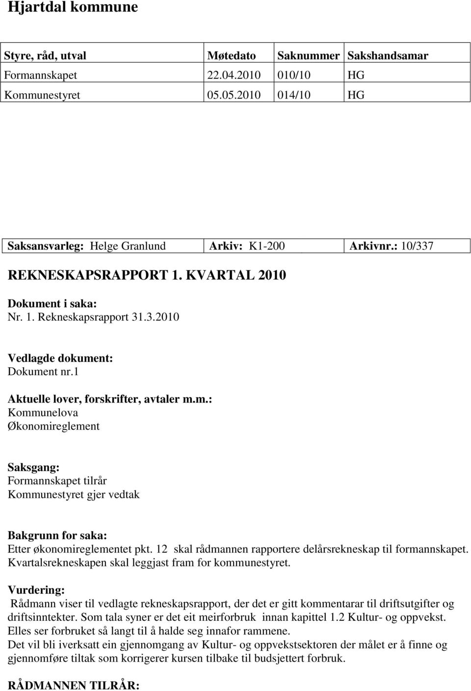 12 skal rådmannen rapportere delårsrekneskap til formannskapet. Kvartalsrekneskapen skal leggjast fram for kommunestyret.