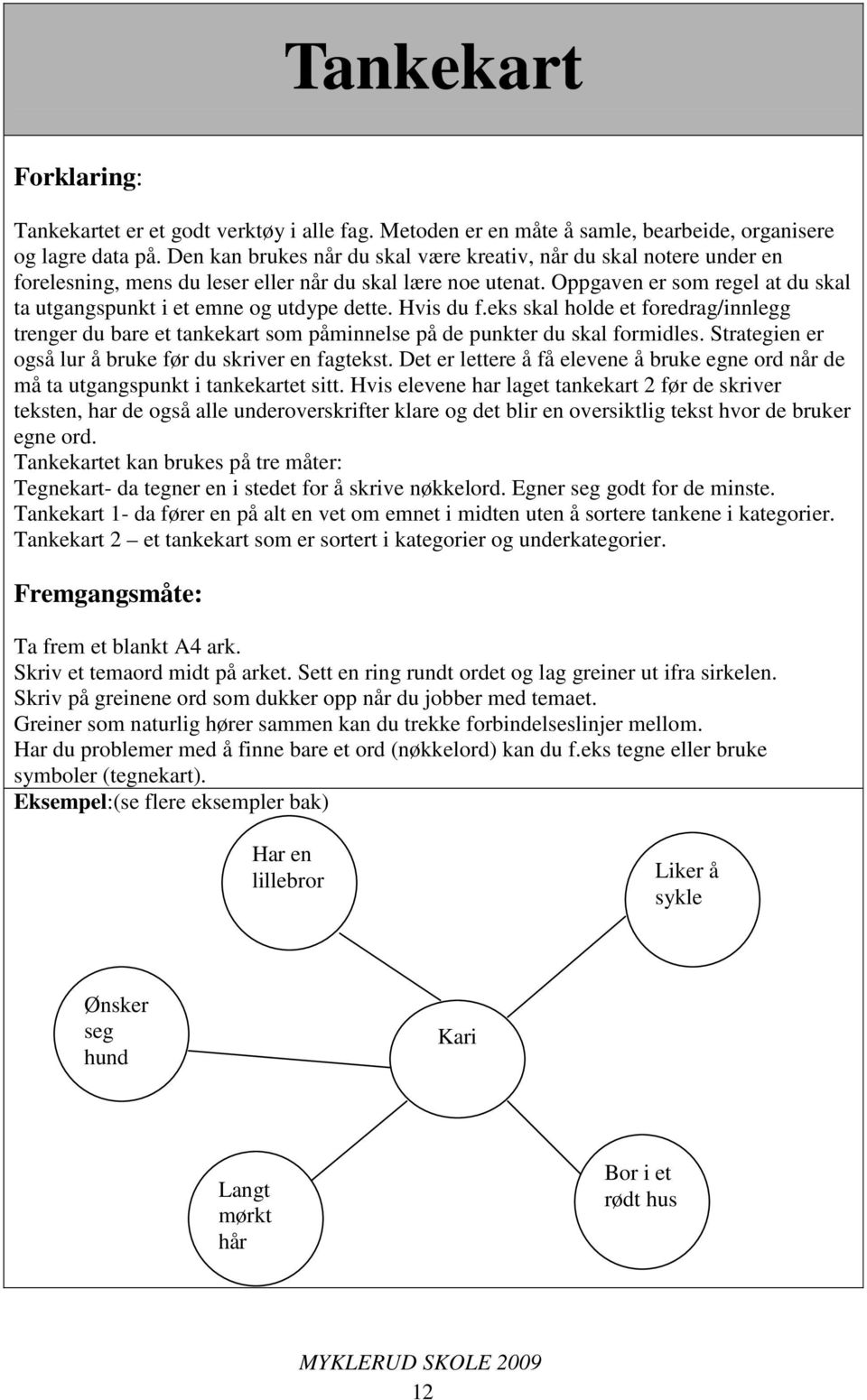 Oppgaven er som regel at du skal ta utgangspunkt i et emne og utdype dette. Hvis du f.eks skal holde et foredrag/innlegg trenger du bare et tankekart som påminnelse på de punkter du skal formidles.