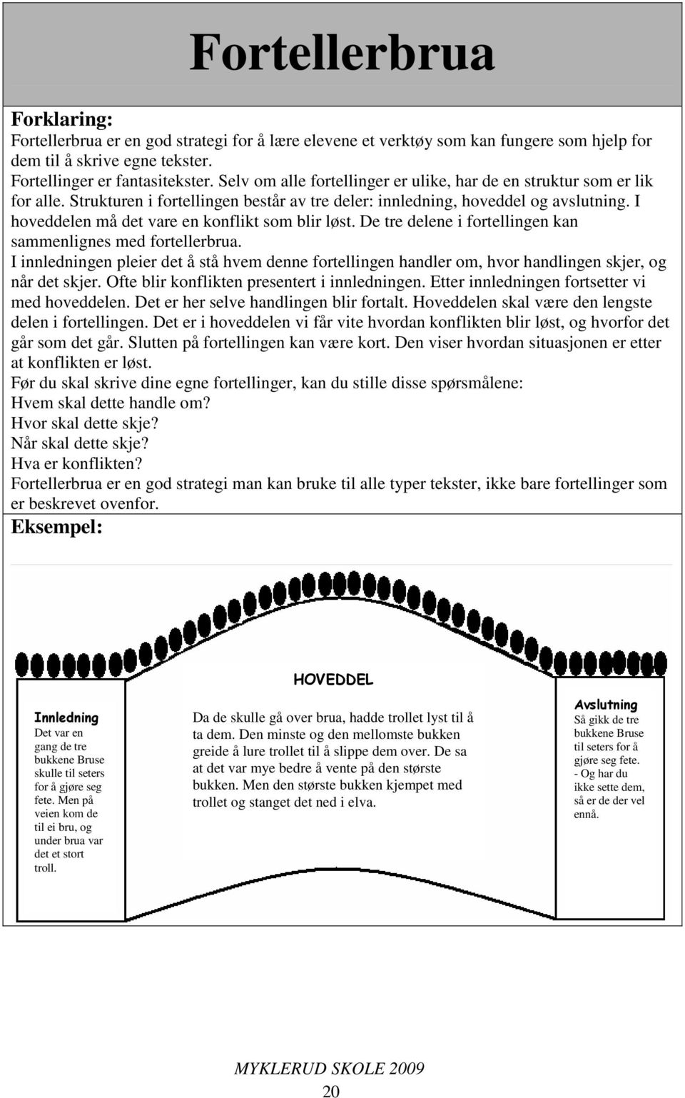 I hoveddelen må det vare en konflikt som blir løst. De tre delene i fortellingen kan sammenlignes med fortellerbrua.