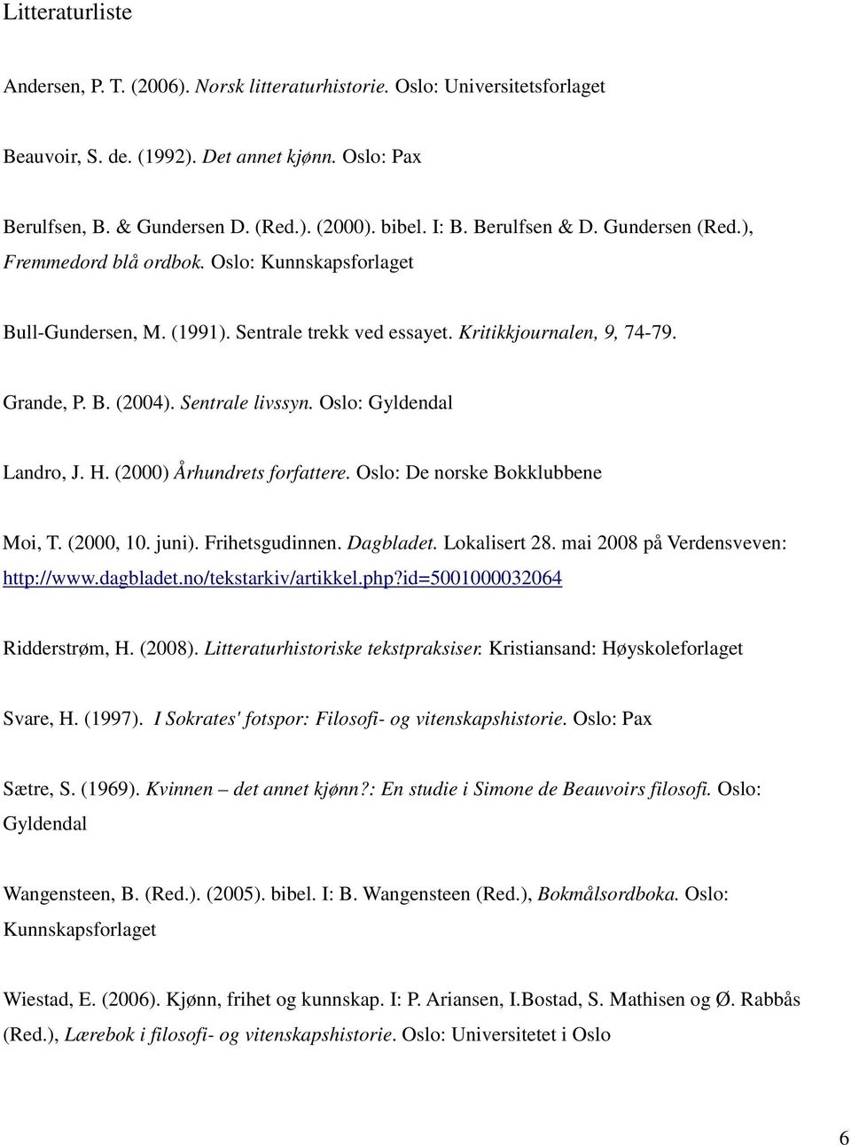 Sentrale livssyn. Oslo: Gyldendal Landro, J. H. (2000) Århundrets forfattere. Oslo: De norske Bokklubbene Moi, T. (2000, 10. juni). Frihetsgudinnen. Dagbladet. Lokalisert 28.