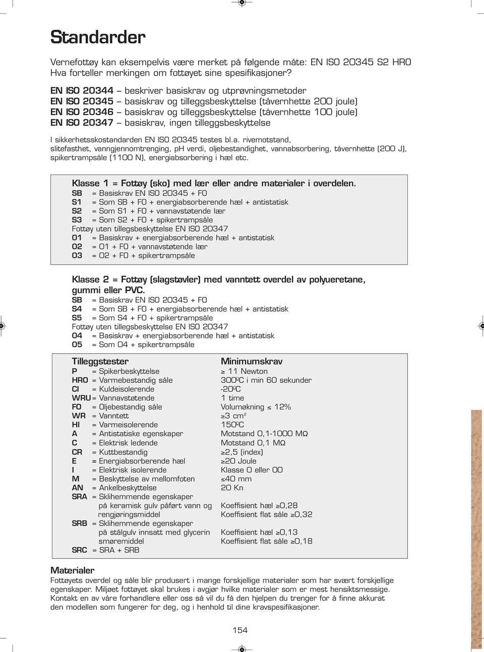 ISO 20347 basiskrav, ingen tilleggsbeskyttelse I sikkerhetsskostandarden EN ISO 20345 testes bl.a. rivemotstand, slitefasthet, vanngjennomtrenging, ph verdi, oljebestandighet, vannabsorbering, tåvernhette (200 J), spikertrampsåle (1100 N), energiabsorbering i hæl etc.