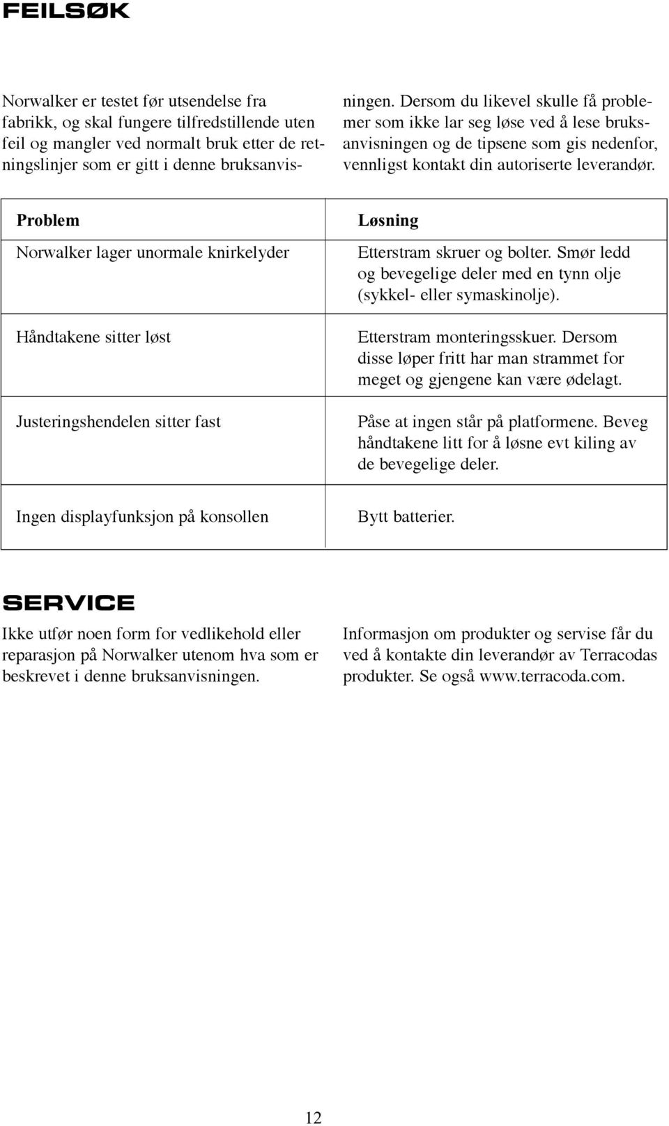 Problem Norwalker lager unormale knirkelyder Håndtakene sitter løst Justeringshendelen sitter fast Løsning Etterstram skruer og bolter.