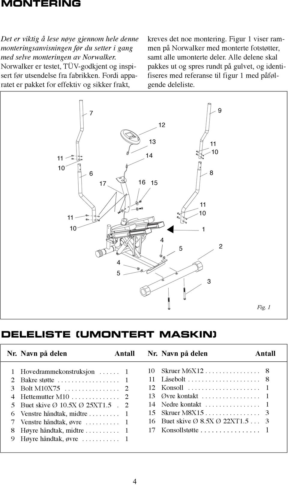 Figur 1 viser rammen på Norwalker med monterte fotstøtter, samt alle umonterte deler.