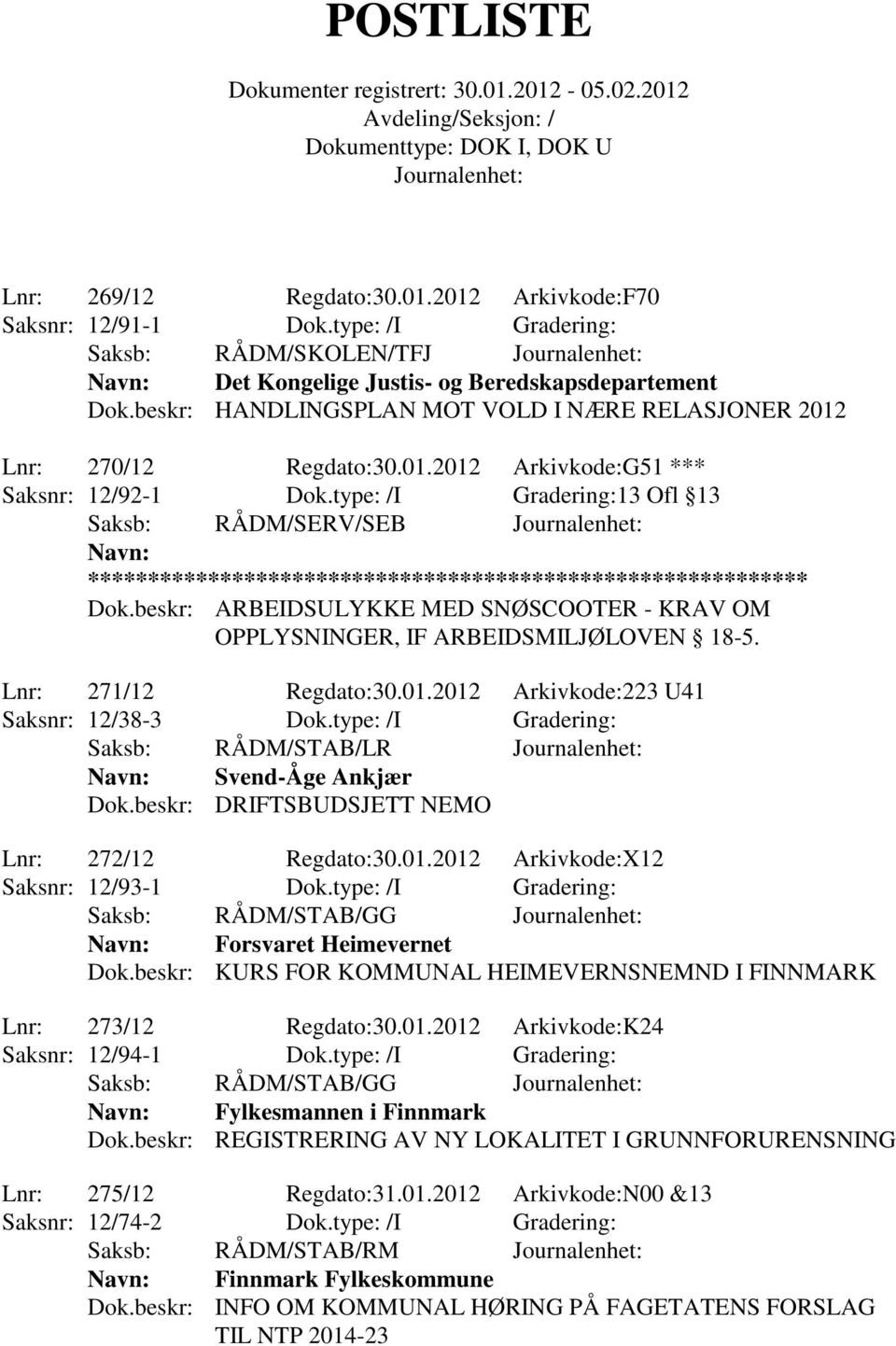 beskr: ARBEIDSULYKKE MED SNØSCOOTER - KRAV OM OPPLYSNINGER, IF ARBEIDSMILJØLOVEN 18-5. Lnr: 271/12 Regdato:30.01.2012 Arkivkode:223 U41 Saksnr: 12/38-3 Dok.