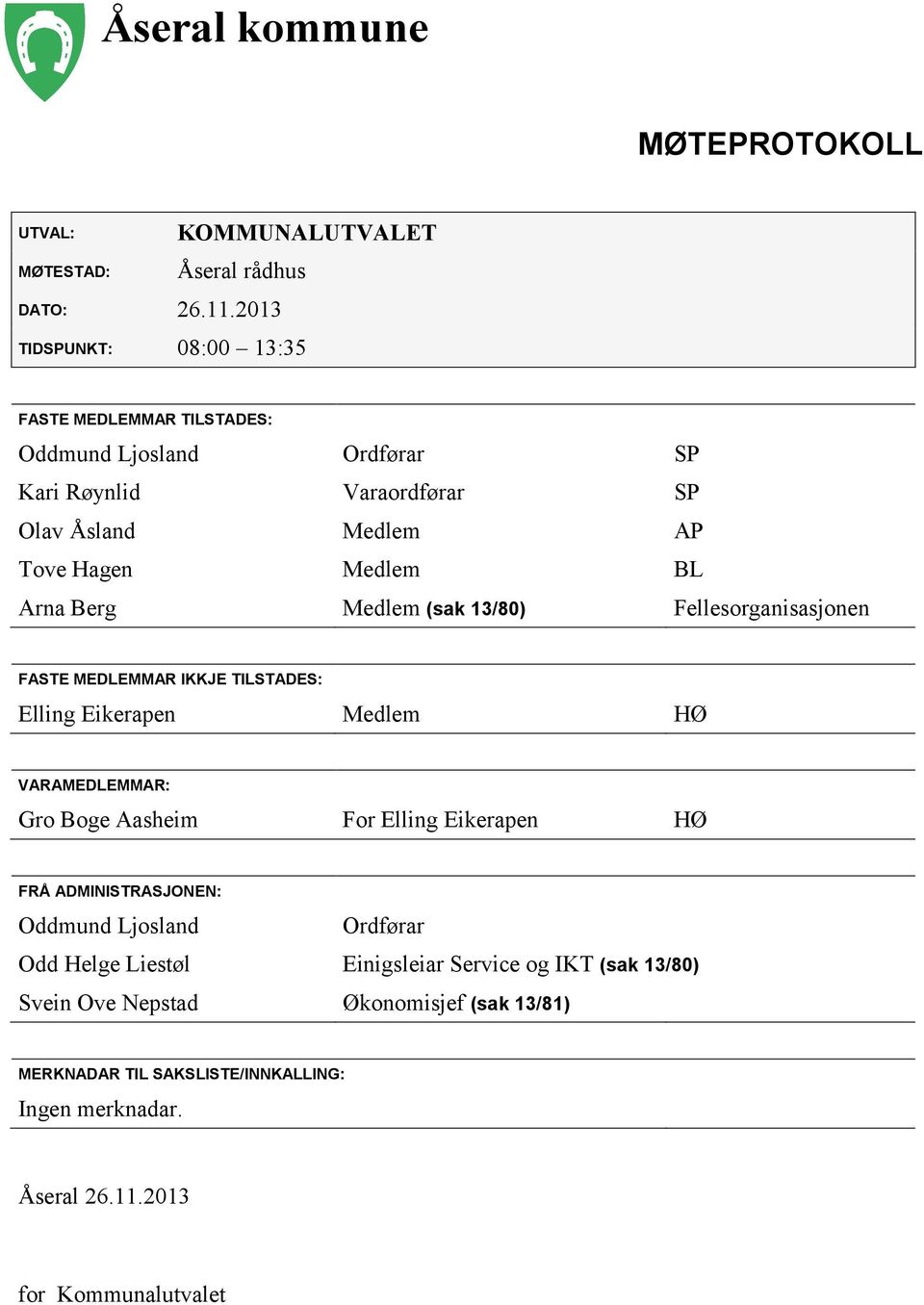 Berg Medlem (sak 13/80) Fellesorganisasjonen FASTE MEDLEMMAR IKKJE TILSTADES: Elling Eikerapen Medlem HØ VARAMEDLEMMAR: Gro Boge Aasheim For Elling Eikerapen HØ