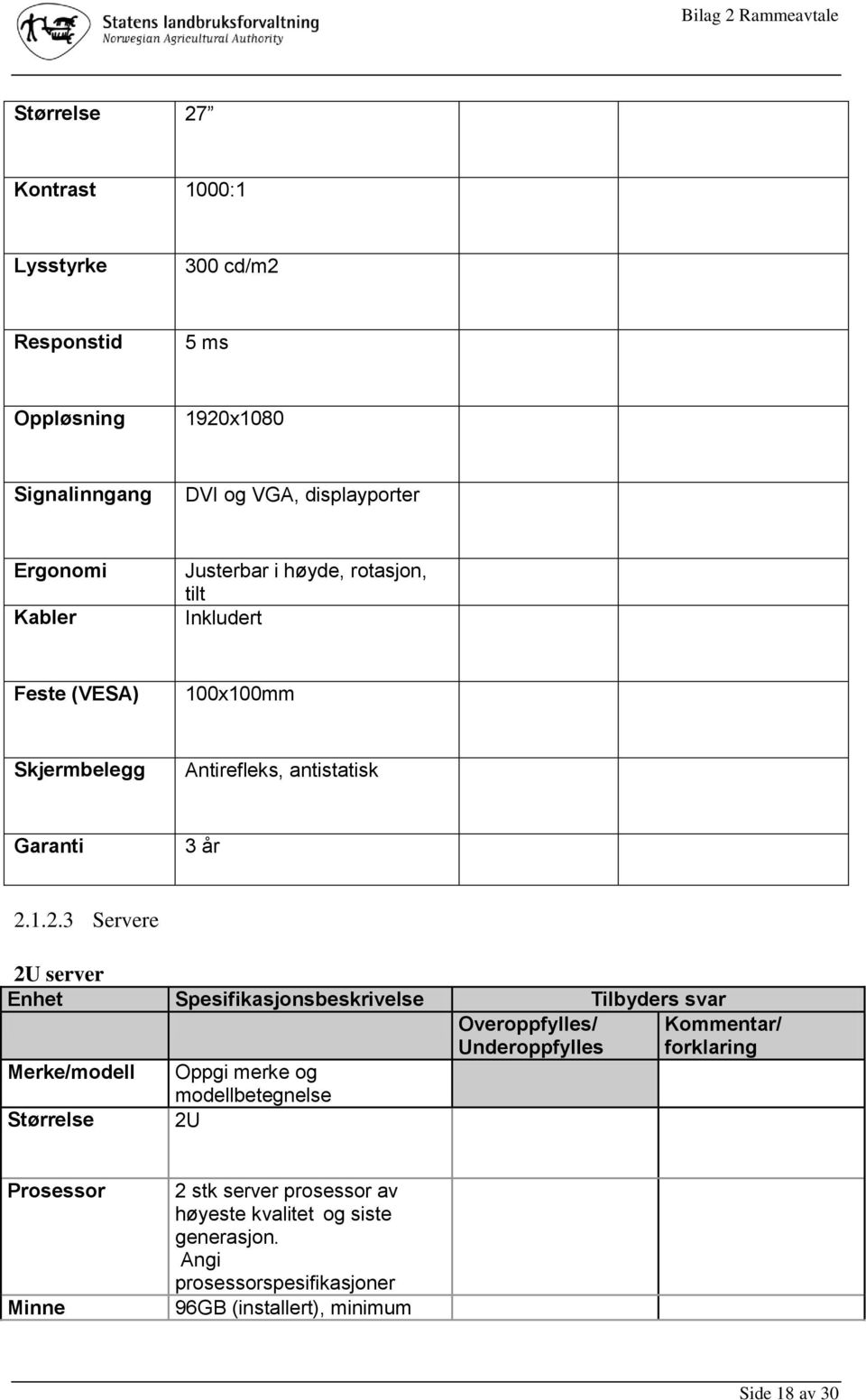 1.2.3 Servere 2U server Enhet Spesifikasjonsbeskrivelse Tilbyders svar Overoppfylles/ Kommentar/ forklaring Merke/modell Oppgi merke og