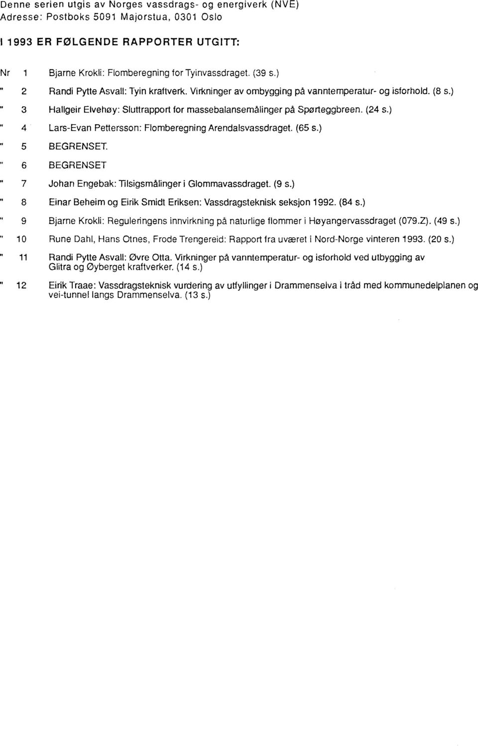 ) fl 4 Lars-Evan Pettersson: Flomberegning Arendalsvassdraget. (65 s.) 5 BEGRENSET. 6 BEGRENSET 7 Johan Engebak: Tilsigsmålinger i Glommavassdraget. (9 s.