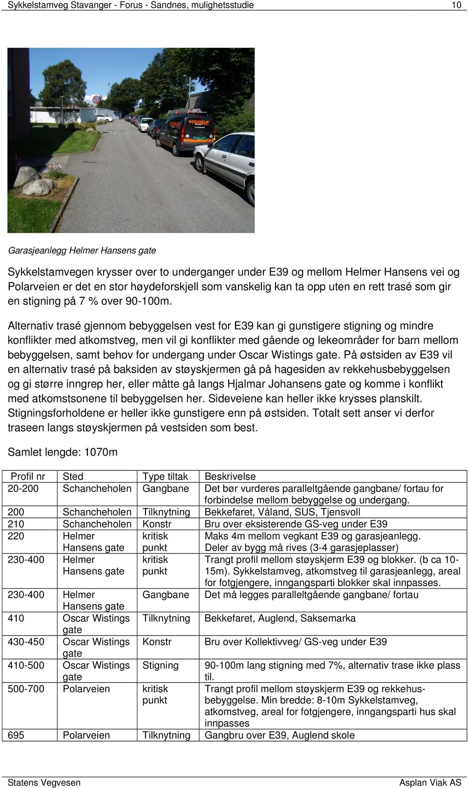 Alternativ trasé gjennom bebyggelsen vest for E39 kan gi gunstigere stigning og mindre konflikter med atkomstveg, men vil gi konflikter med gående og lekeområder for barn mellom bebyggelsen, samt