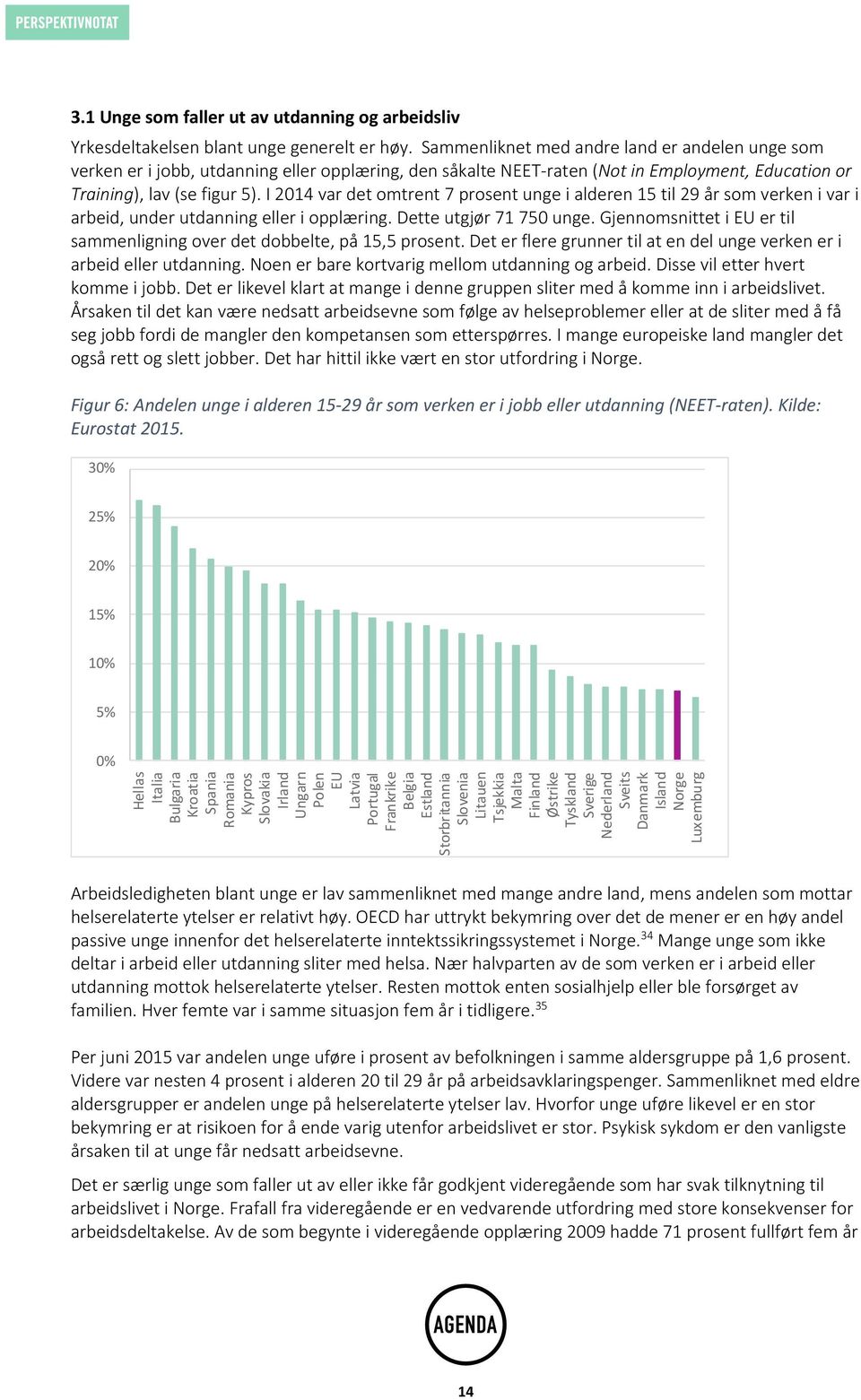 Sammenliknet med andre land er andelen unge som verken er i jobb, utdanning eller opplæring, den såkalte NEET-raten (Not in Employment, Education or Training), lav (se figur 5).