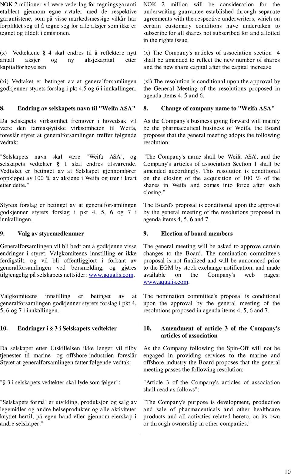 (x) Vedtektene 4 skal endres til å reflektere nytt antall aksjer og ny aksjekapital etter kapitalforhøyelsen (xi) Vedtaket er betinget av at generalforsamlingen godkjenner styrets forslag i pkt 4,5