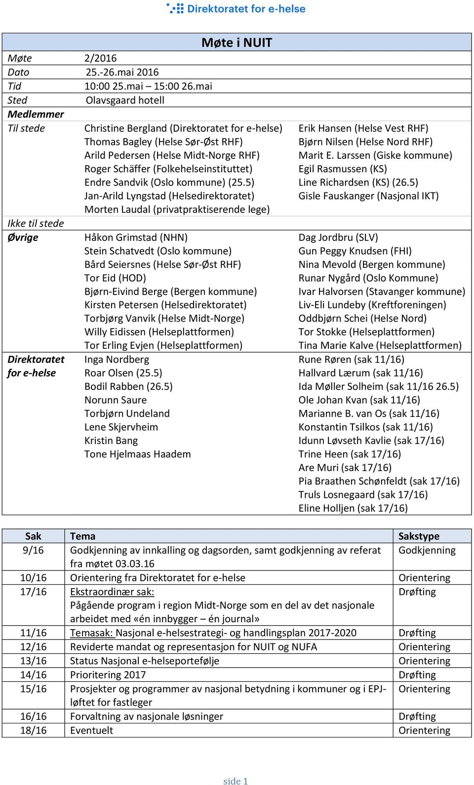 Pedersen (Helse Midt-Norge RHF) Marit E. Larssen (Giske kommune) Roger Schäffer (Folkehelseinstituttet) Endre Sandvik (Oslo kommune) (25.5) Egil Rasmussen (KS) Line Richardsen (KS) (26.