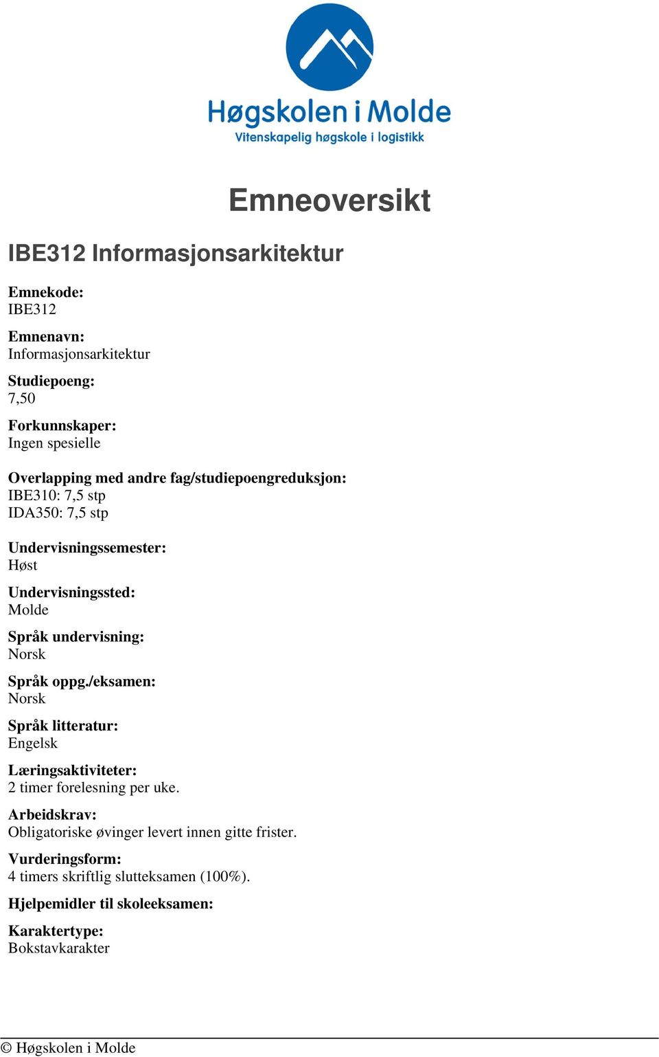 undervisning: Norsk Språk oppg./eksamen: Norsk Språk litteratur: Engelsk Læringsaktiviteter: 2 timer forelesning per uke.