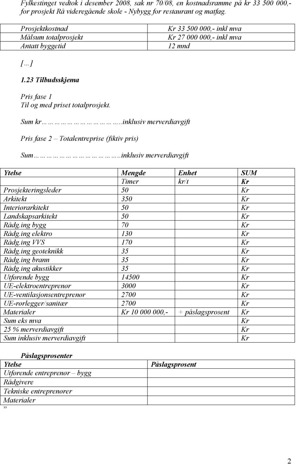 .inklusiv merverdiavgift Pris fase 2 Totalentreprise (fiktiv pris) Sum.