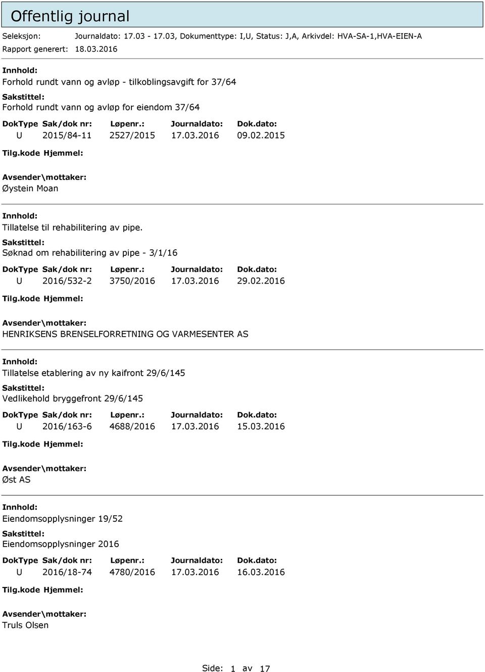 02.2015 Øystein Moan Tillatelse til rehabilitering av pipe. Søknad om rehabilitering av pipe - 3/1/16 2016/532-2 3750/2016 29.02.2016 HENRKSENS BRENSELFORRETNNG OG VARMESENTER AS Tillatelse etablering av ny kaifront 29/6/145 Vedlikehold bryggefront 29/6/145 2016/163-6 4688/2016 15.