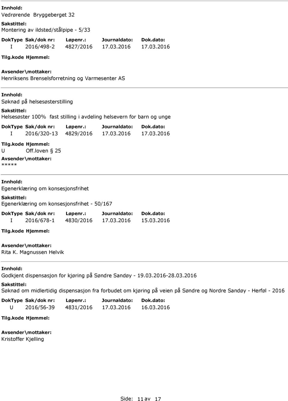 Egenerklæring om konsesjonsfrihet - 50/167 2016/678-1 4830/2016 15.03.2016 Rita K. Magnussen Helvik Godkjent dispensasjon for kjøring på Søndre Sandøy - 19.