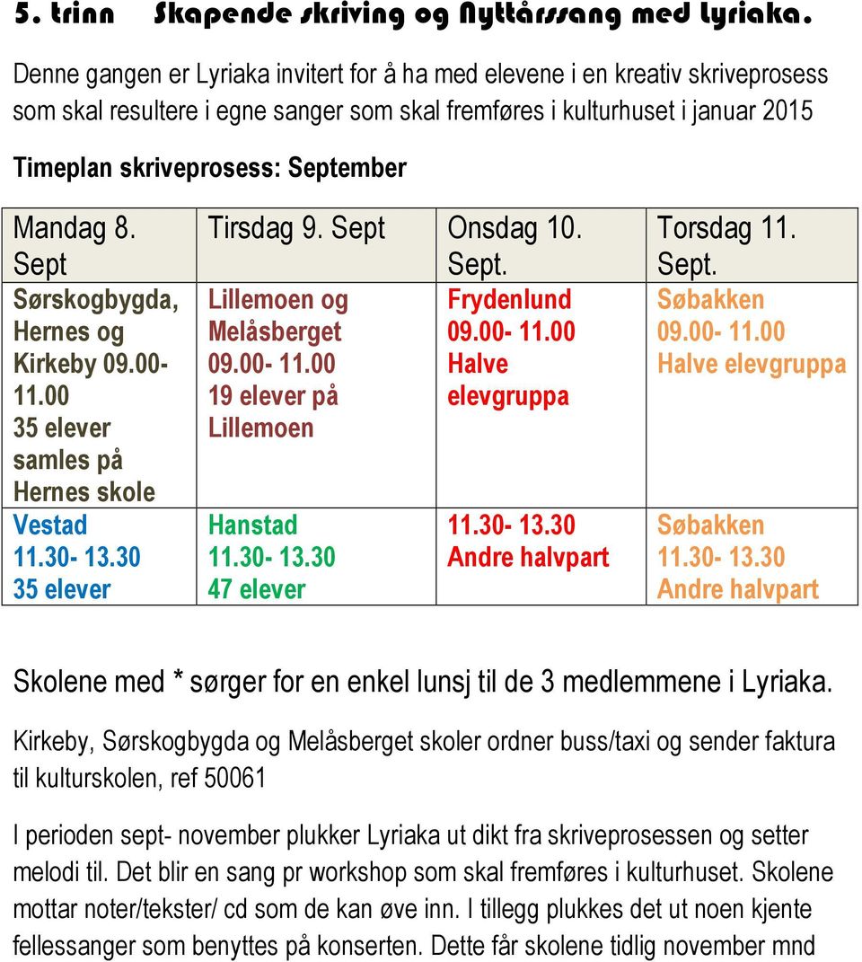 Mandag 8. Sept Sørskogbygda, Hernes og Kirkeby 09.00-11.00 35 elever samles på Hernes skole Vestad 35 elever Tirsdag 9. Sept Onsdag 10. Sept. Lillemoen og Frydenlund Melåsberget 09.00-11.00 09.00-11.00 Halve 19 elever på elevgruppa Lillemoen Hanstad 47 elever Andre halvpart Torsdag 11.