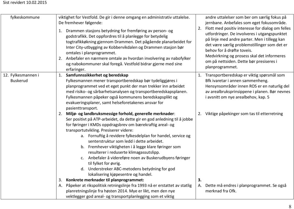 Det pågående planarbeidet for Inter City-utbygging av Kobbervikdalen og Drammen stasjon bør omtales i planprogrammet. 2.