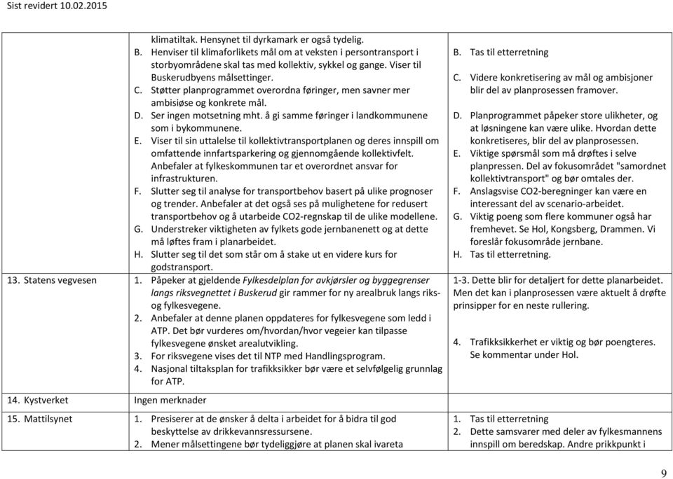 å gi samme føringer i landkommunene som i bykommunene. E. Viser til sin uttalelse til kollektivtransportplanen og deres innspill om omfattende innfartsparkering og gjennomgående kollektivfelt.