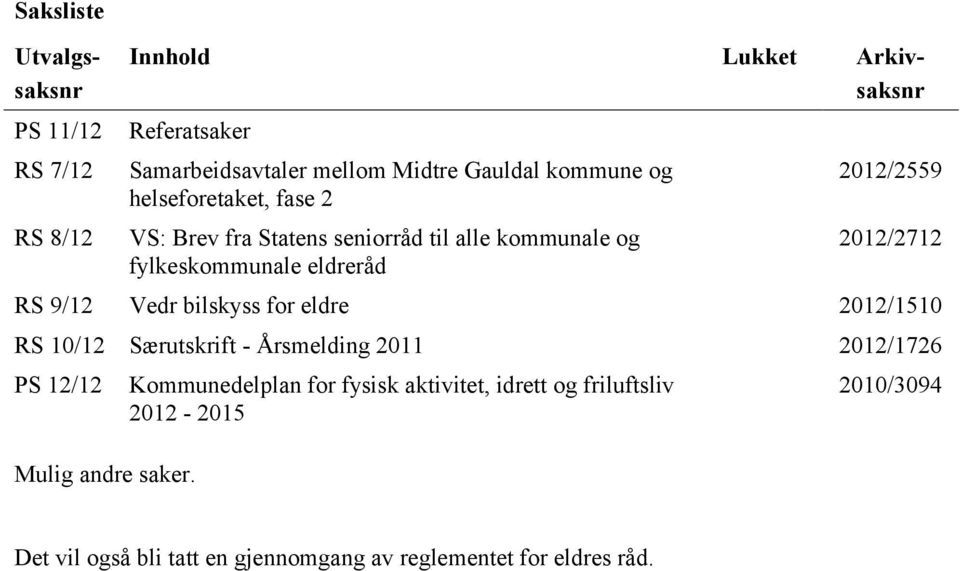 RS 9/12 Vedr bilskyss for eldre 2012/1510 RS 10/12 Særutskrift - Årsmelding 2011 2012/1726 PS 12/12 Mulig andre saker.