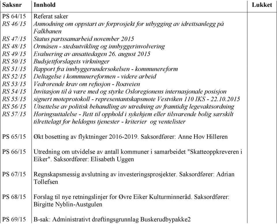 august 2015 RS 50/15 Budsjettforslagets virkninger RS 51/15 Rapport fra innbyggerundersøkelsen - kommunereform RS 52/15 Deltagelse i kommunereformen - videre arbeid RS 53/15 Vedrørende krav om