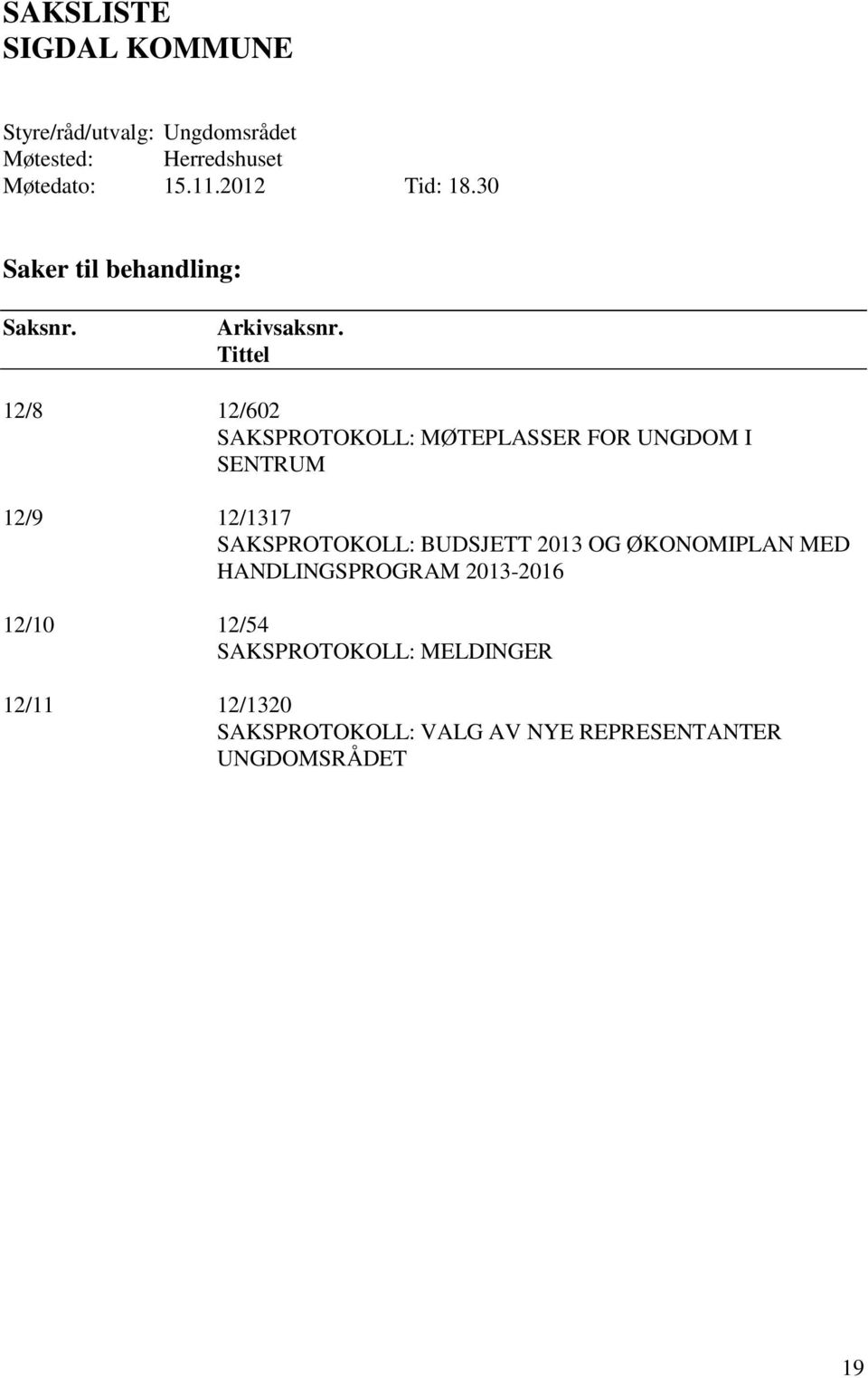 Tittel 12/8 12/602 SAKSPROTOKOLL: MØTEPLASSER FOR UNGDOM I SENTRUM 12/9 12/1317 SAKSPROTOKOLL: BUDSJETT