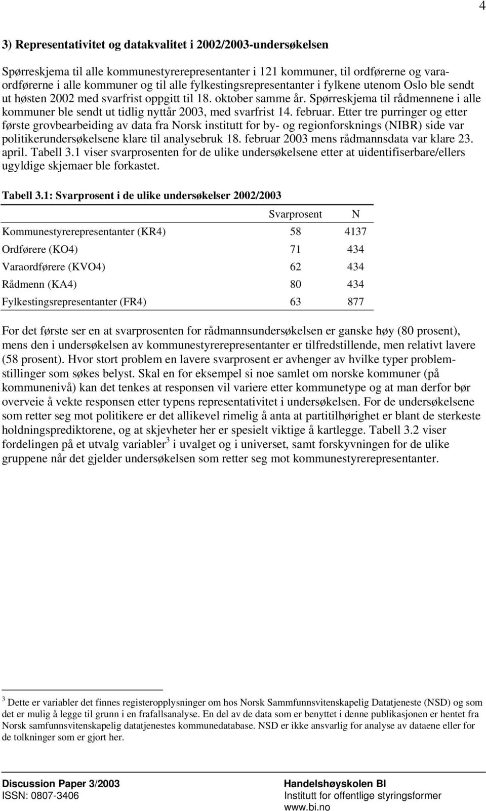 Spørreskjema til rådmennene i alle kommuner ble sendt ut tidlig nyttår 2003, med svarfrist 14. februar.