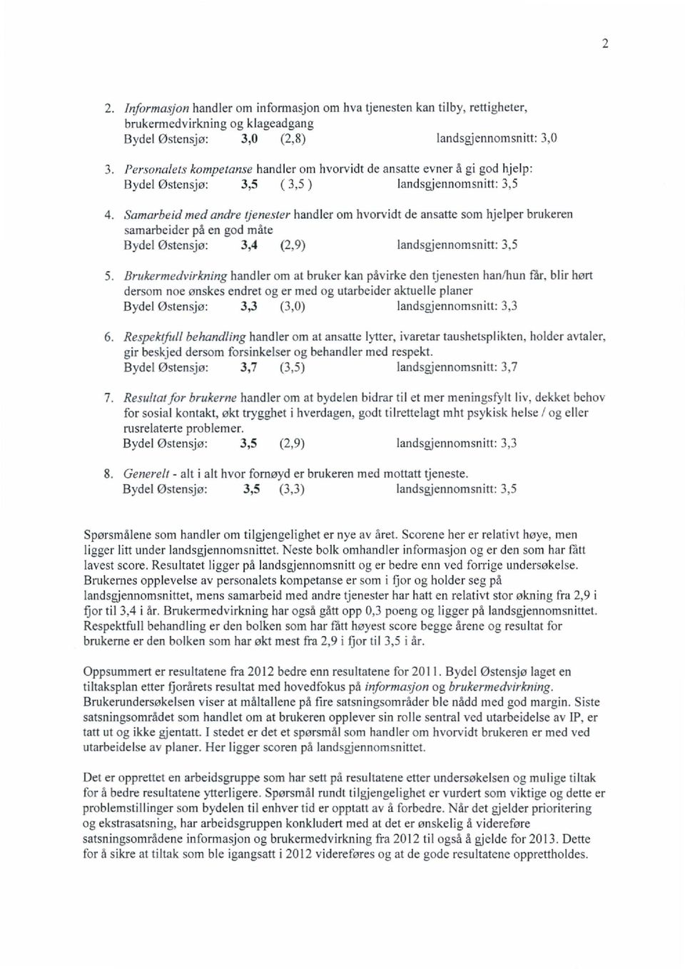 måte Bydel Østensjø: 3,4 (2,9) landsgjennomsnitt: 3,5 Brukermedvirkning handler om at bruker kan påvirke den tjenesten han/hun får, blir hørt dersom noe ønskes endret og er med og utarbeider aktuelle